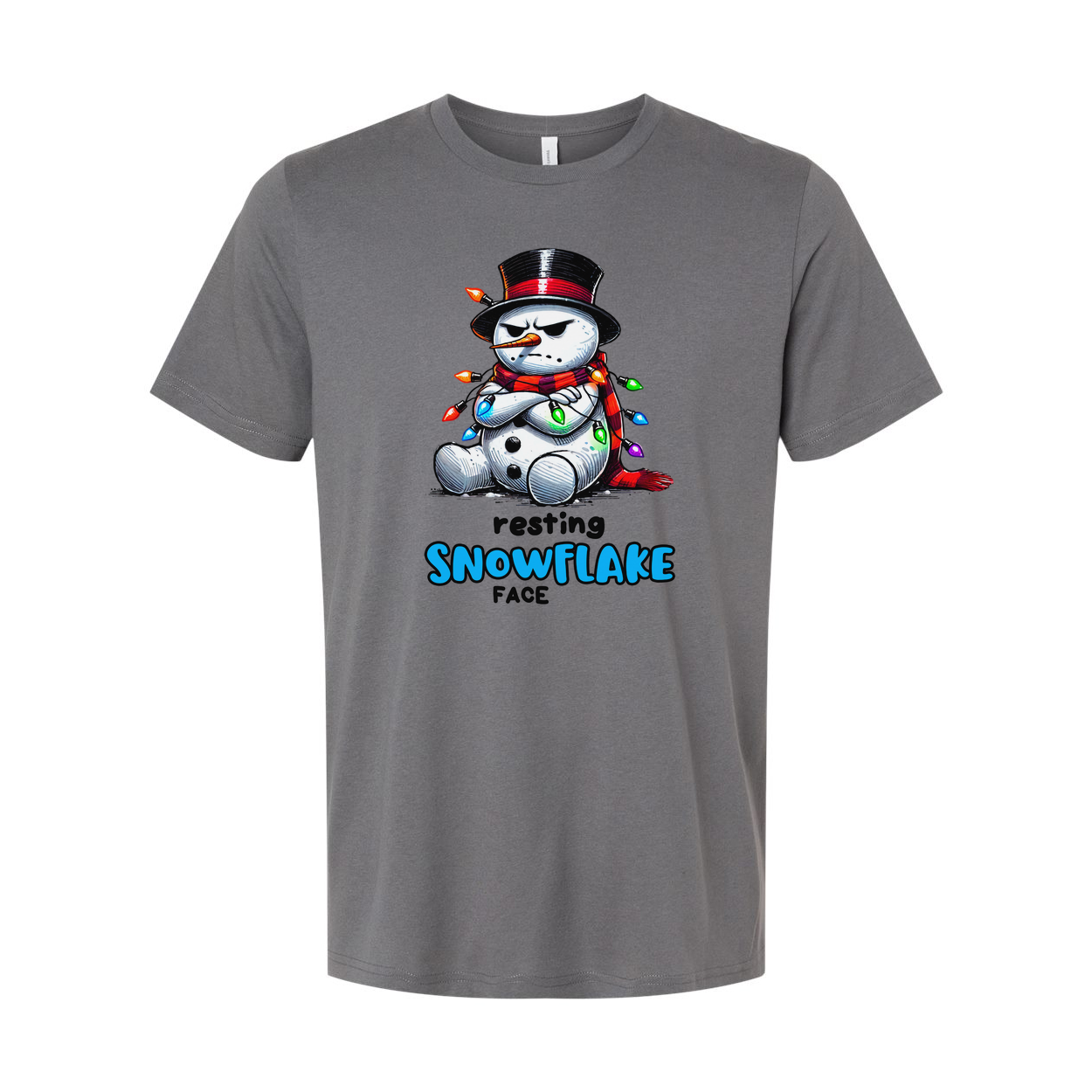 Resting Snowflake Face Snowman T Shirt Unisex Graphic With Christmas Lights And Top Hat