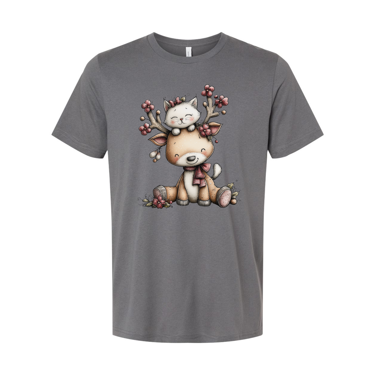 Unisex Christmas T Shirt With Cute Deer And Kitten Graphic Print In Winter Scene