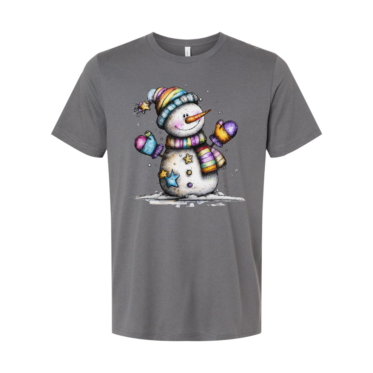Colorful Snowman T Shirt With Rainbow Scarf And Beanie Christmas Design For Unisex Wear