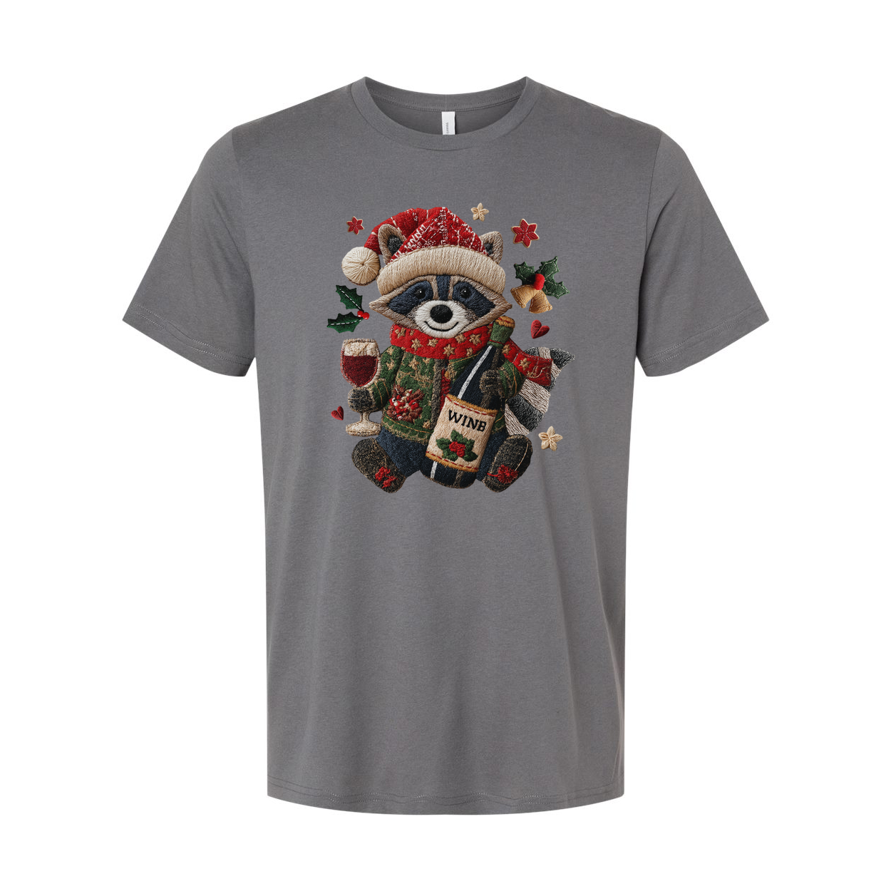 White Unisex Christmas Raccoon Graphic T Shirt With Santa Hat Scarf Wine Bottle And Holly