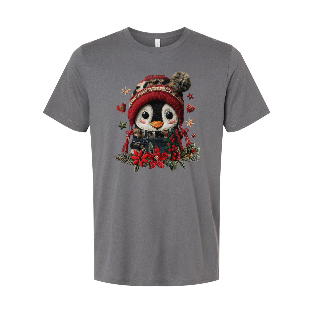 Penguin Christmas Graphic Tee With Red Winter Beanie And Festive Floral Embellishments For Holidays