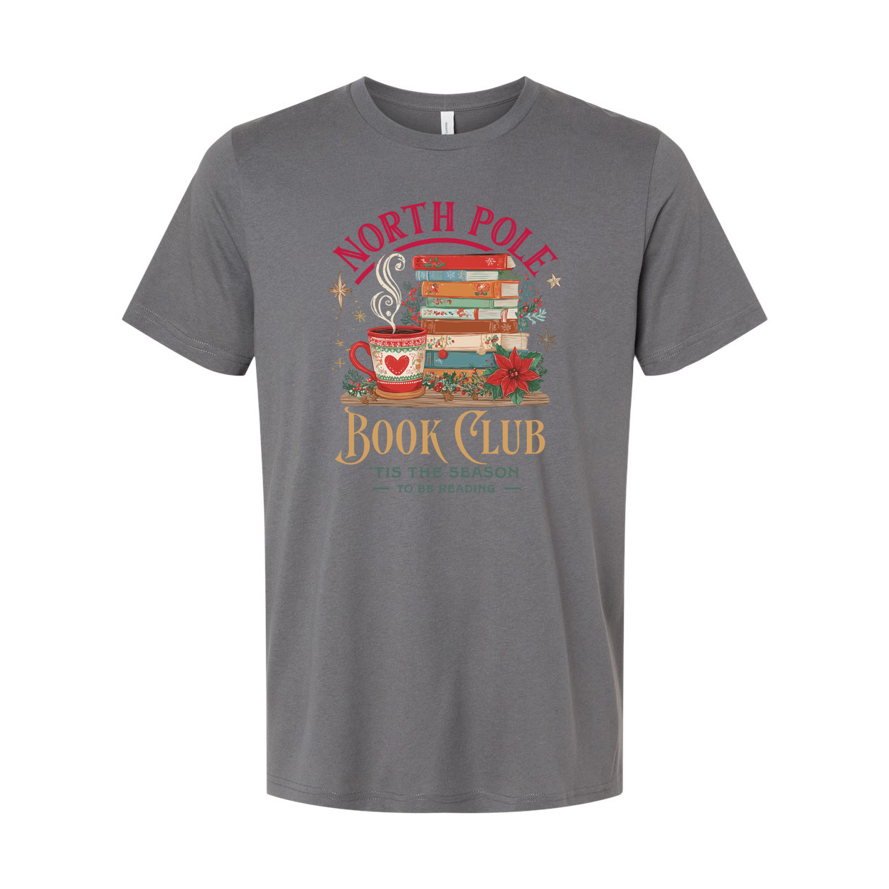 North Pole Book Club T Shirt Christmas Design With Stacked Books And Cozy Mug For Winter Holidays