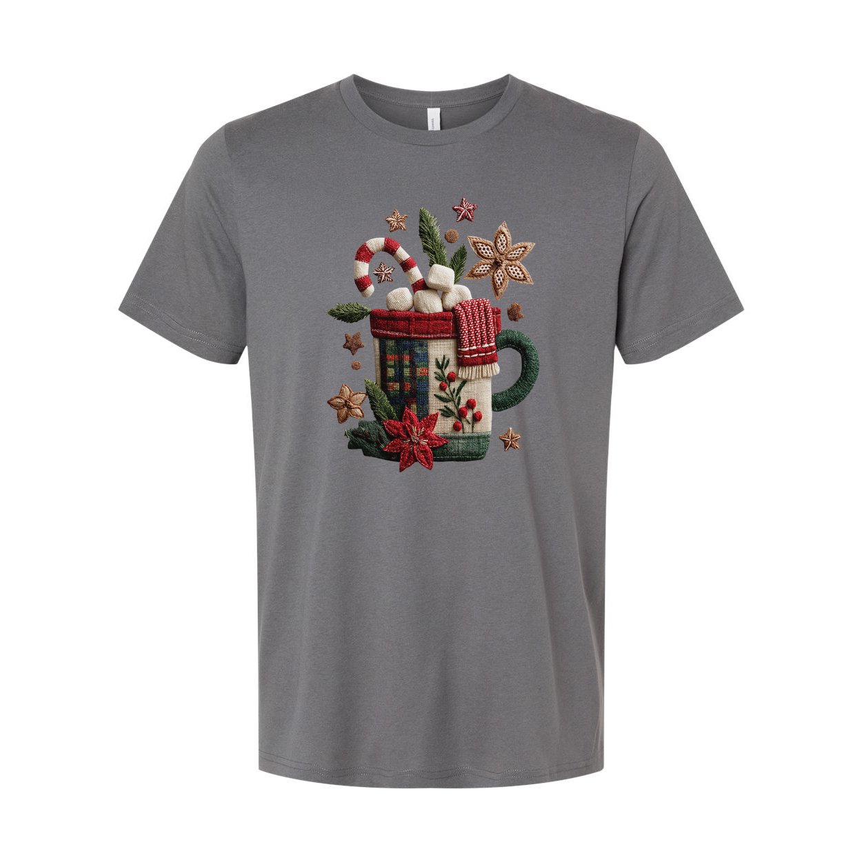 White Unisex Christmas T Shirt With Festive Mug Design Candy Canes Marshmallows And Poinsettias