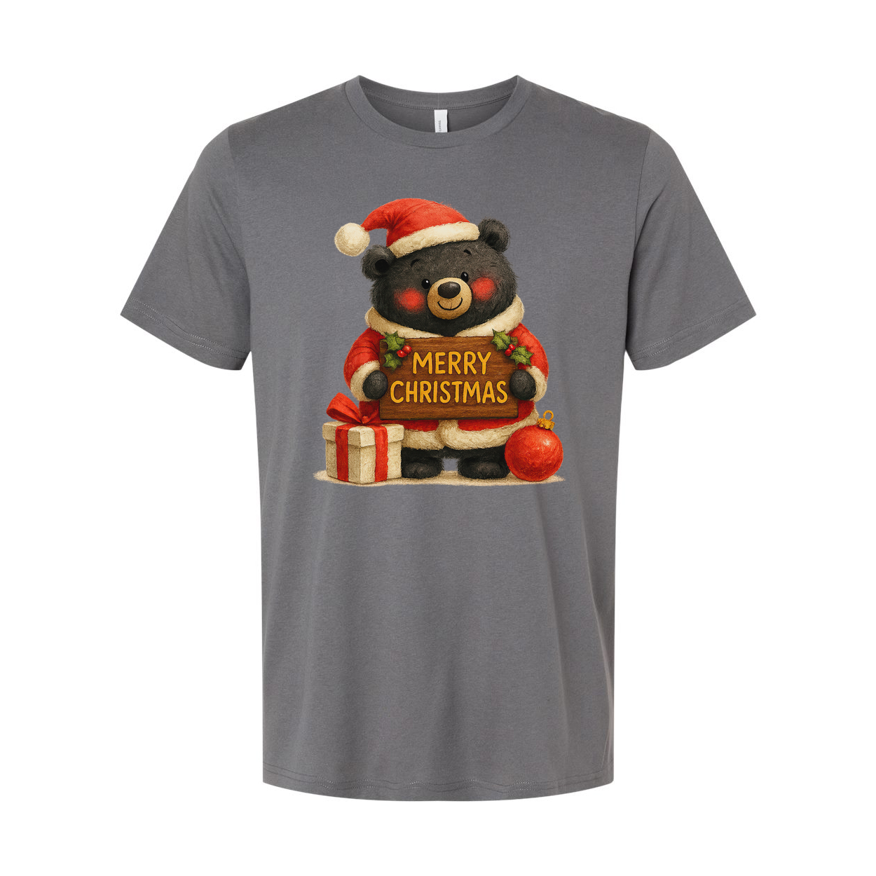 Unisex Christmas T Shirt With Cute Bear Santa Graphic Holding A Merry Christmas Sign