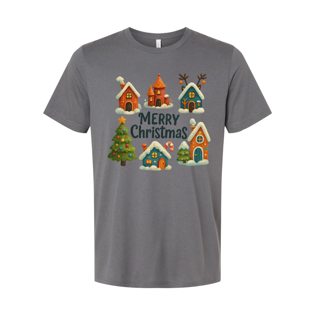 Merry Christmas Unisex T Shirt With Festive Village Illustration On White Featuring Colorful Snowy Houses And Trees