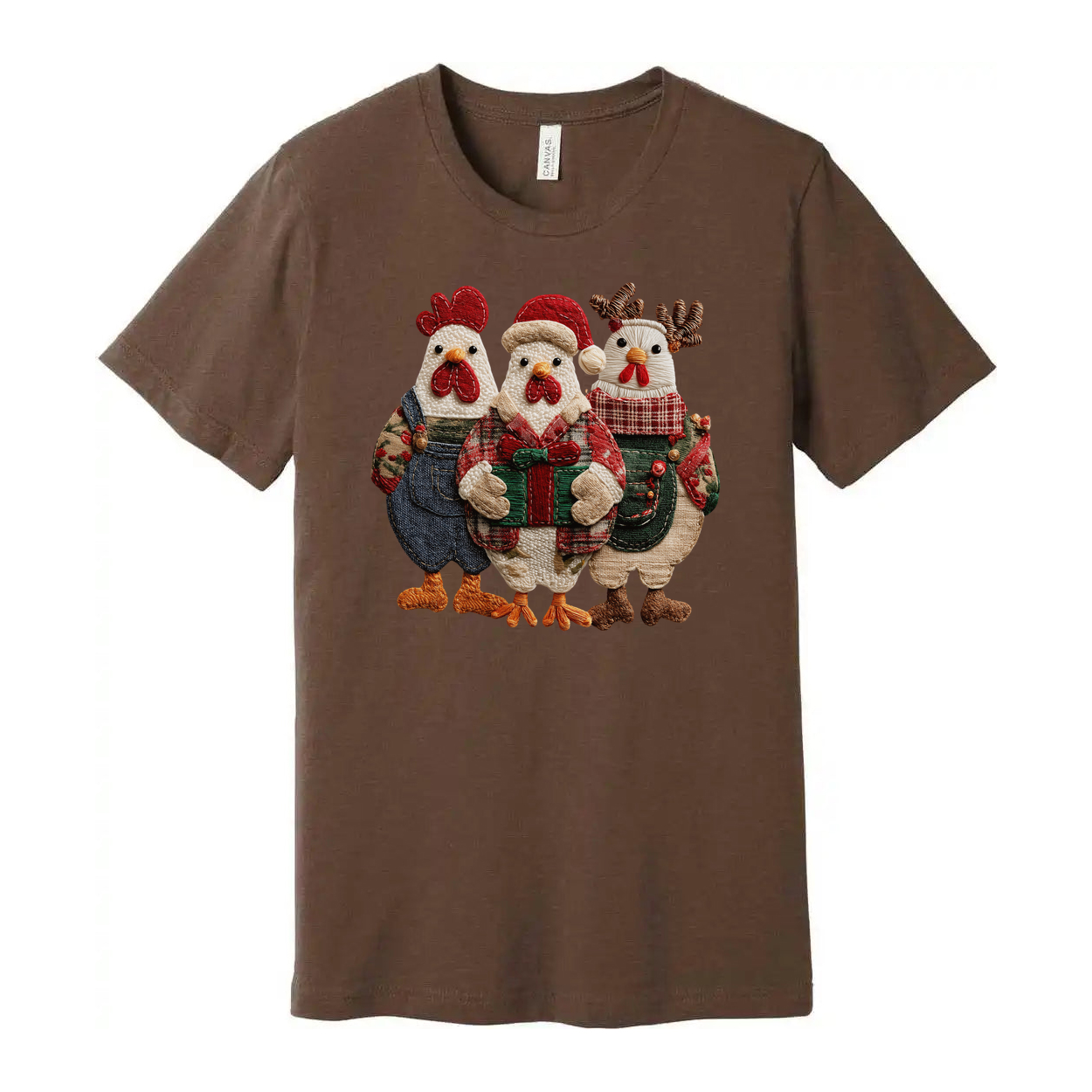 Unisex Christmas T Shirt With Festive Three Chickens In Holiday Outfits And Gift