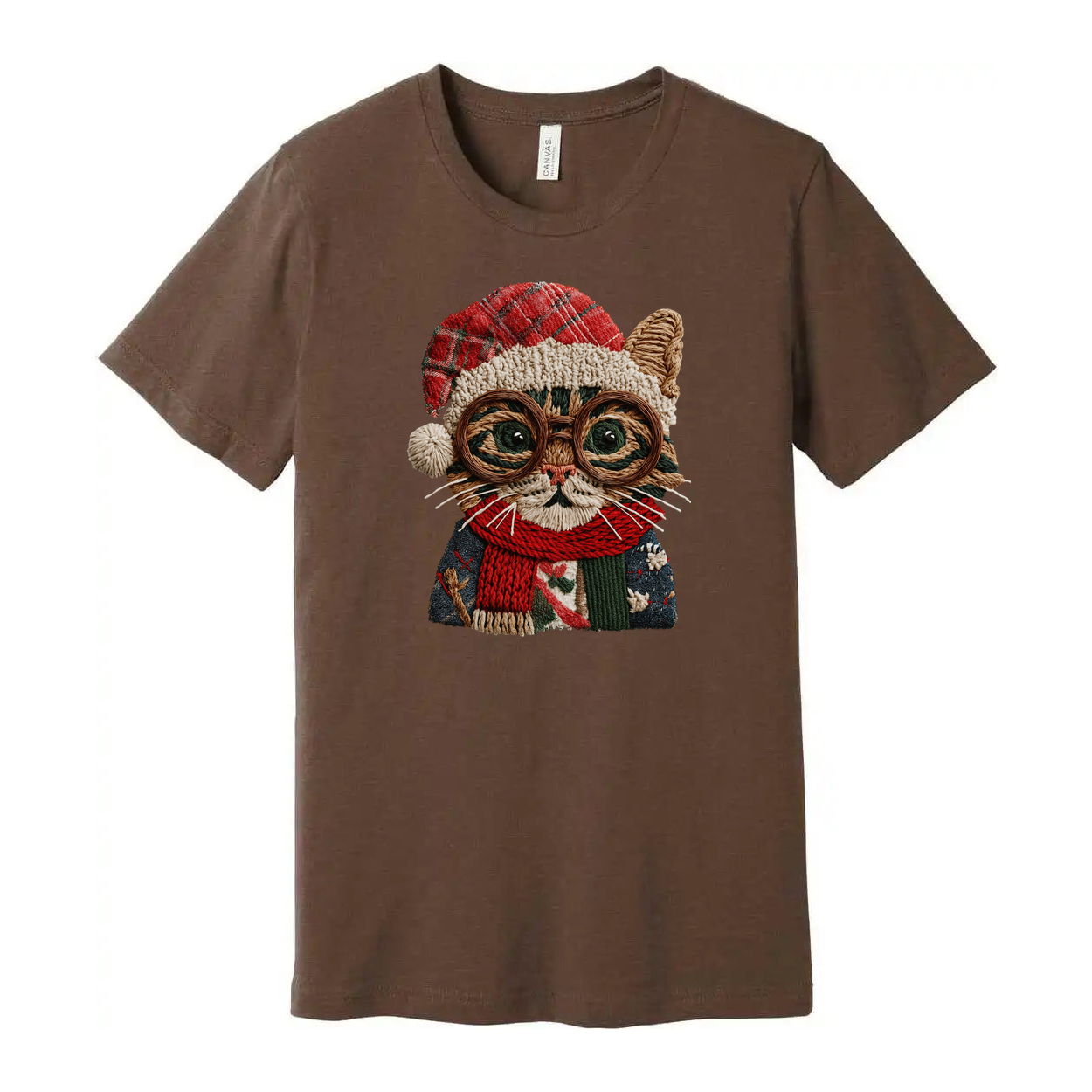 Unisex Christmas Cat Graphic T Shirt With Knitted Look Glasses Santa Hat And Scarf