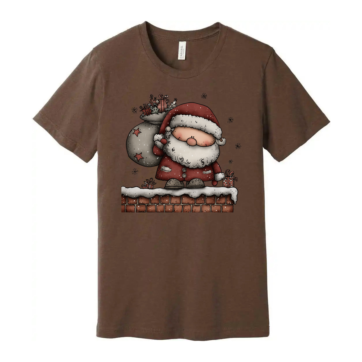 Santa Claus Standing On Snowy Chimney With Gift Sack Unisex Christmas Graphic T Shirt