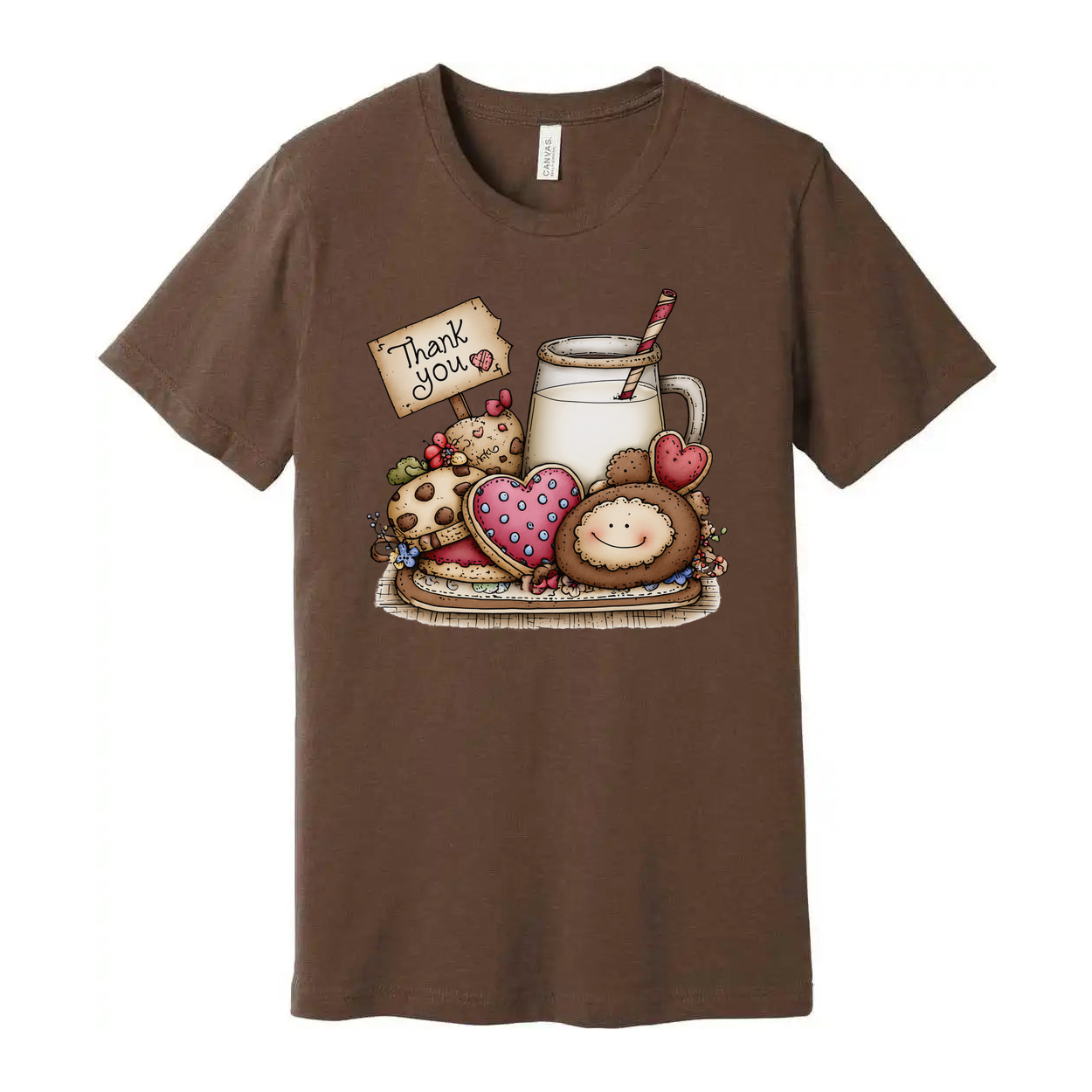 Unisex Graphic T Shirt With Milk And Cookies Illustration And Thank You Sign Print