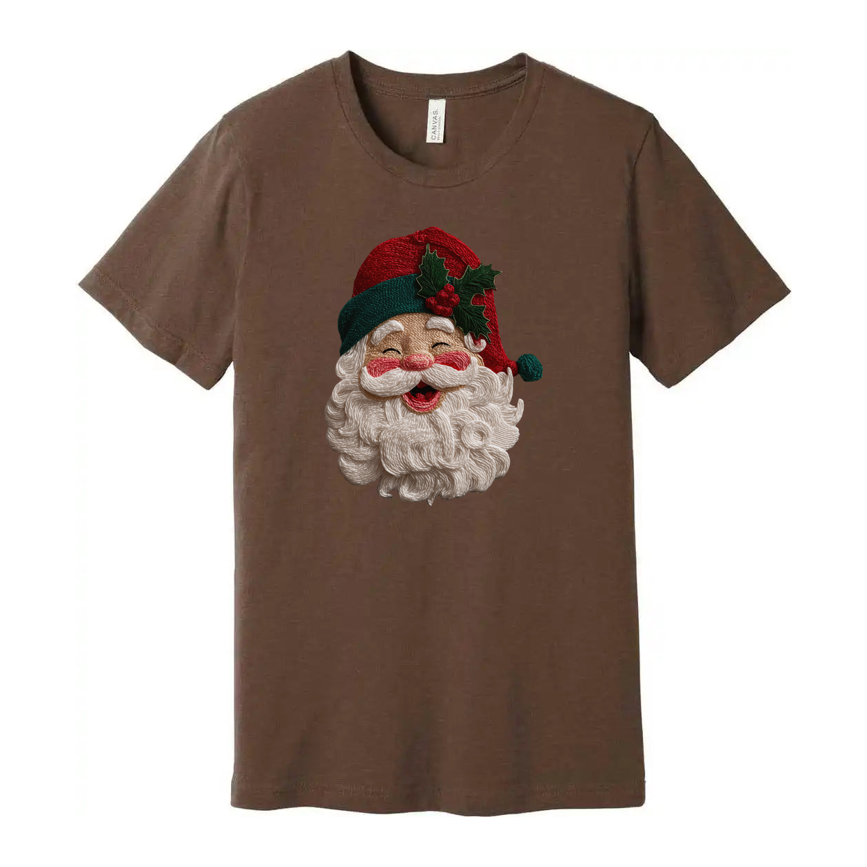 Unisex Christmas T Shirt With Santa Face And Holly Hat Design For Holiday Cheer