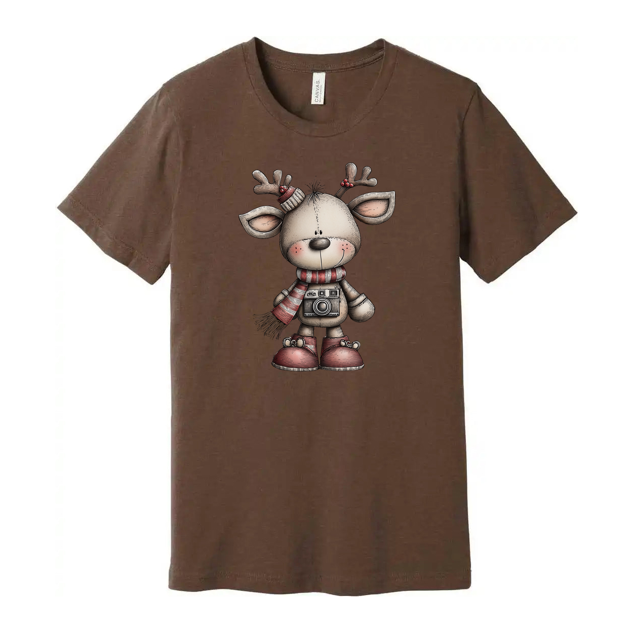 White Unisex Christmas Reindeer Graphic T Shirt With Scarf And Camera Design Illustrated