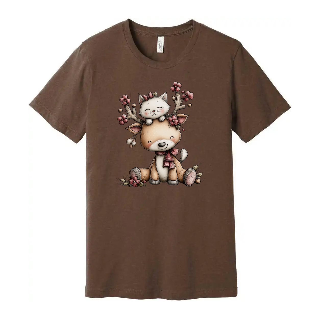 Unisex Christmas T Shirt With Cute Deer And Kitten Graphic Print In Winter Scene