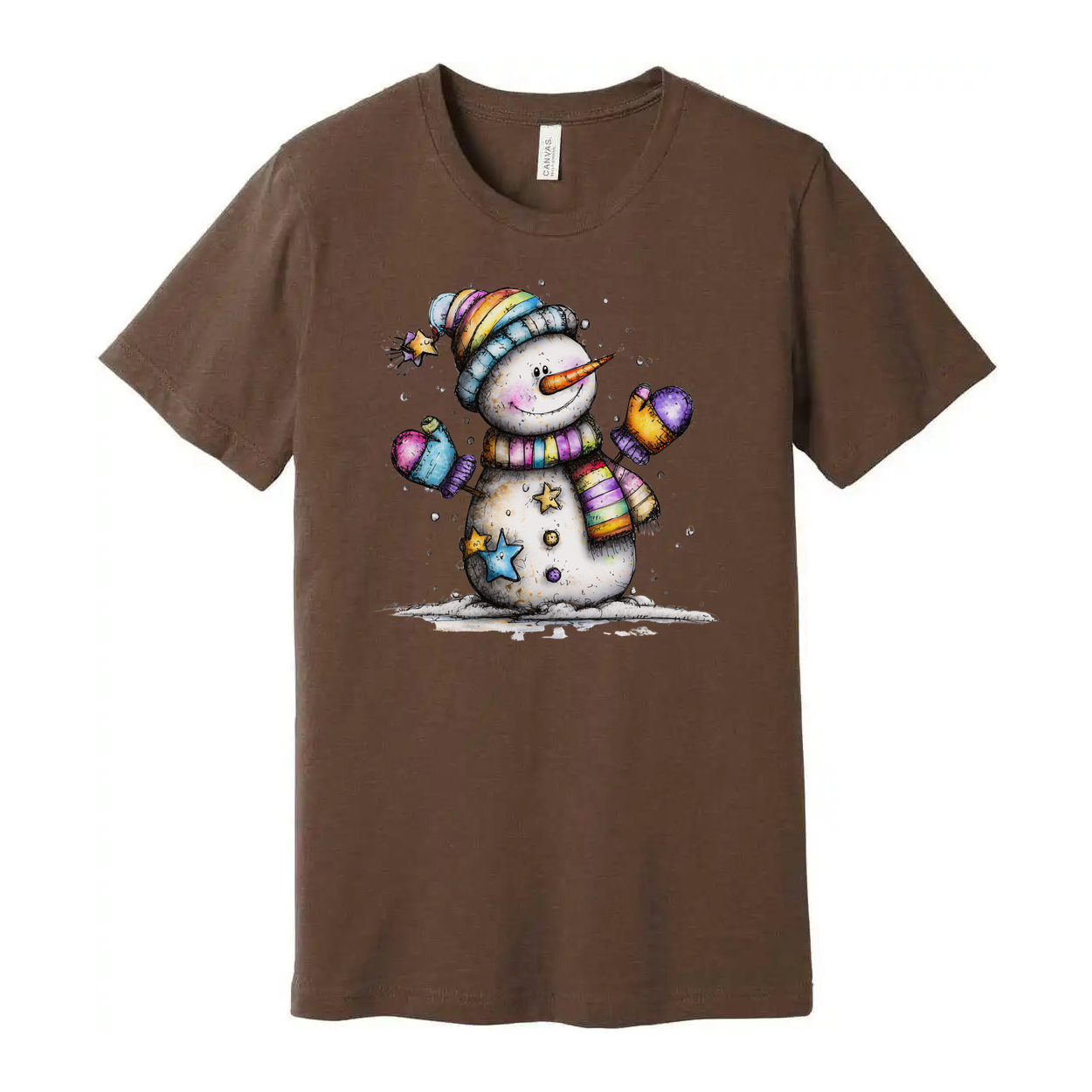 Colorful Snowman T Shirt With Rainbow Scarf And Beanie Christmas Design For Unisex Wear