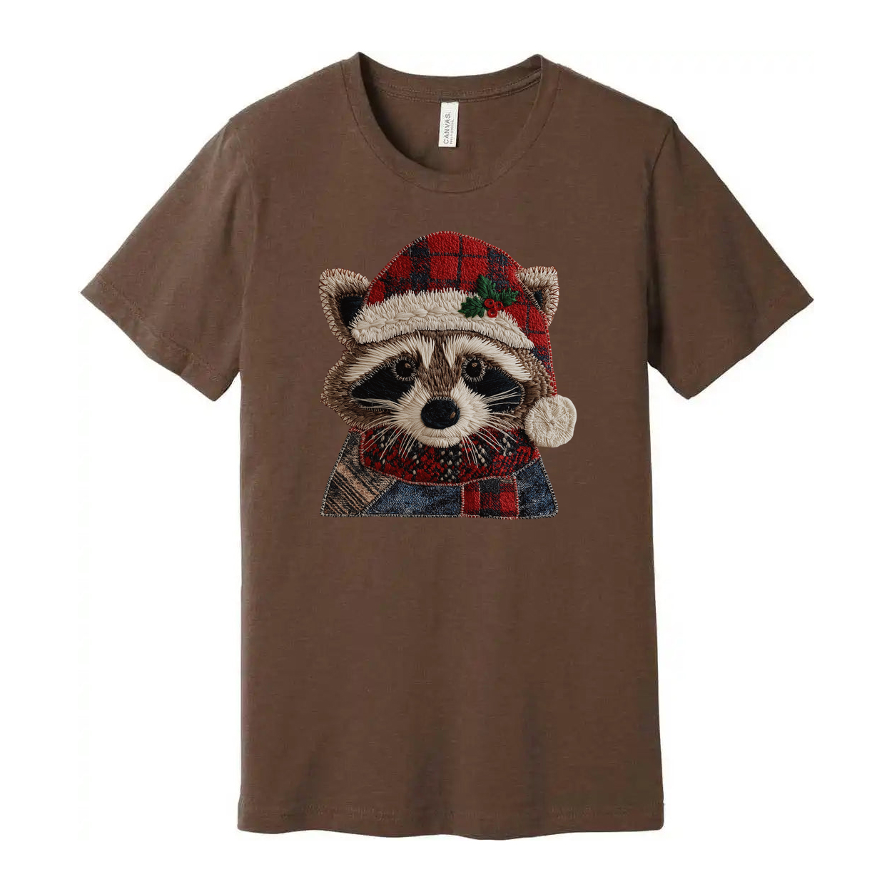 Raccoon Christmas T Shirt With Plaid Santa Hat And Cozy Scarf For Holiday Cheer