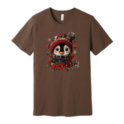 Penguin Christmas Graphic Tee With Red Winter Beanie And Festive Floral Embellishments For Holidays