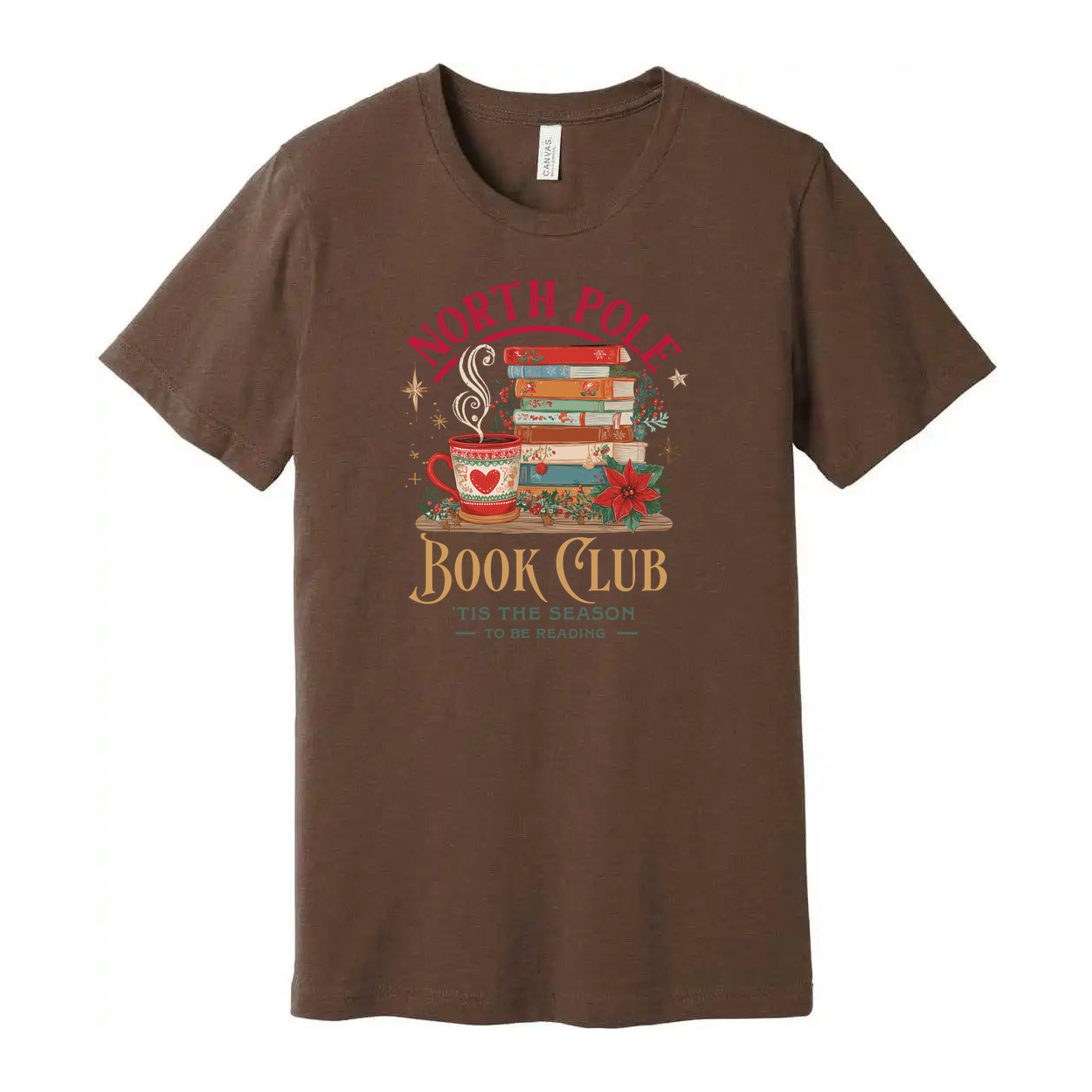 North Pole Book Club T Shirt Christmas Design With Stacked Books And Cozy Mug For Winter Holidays