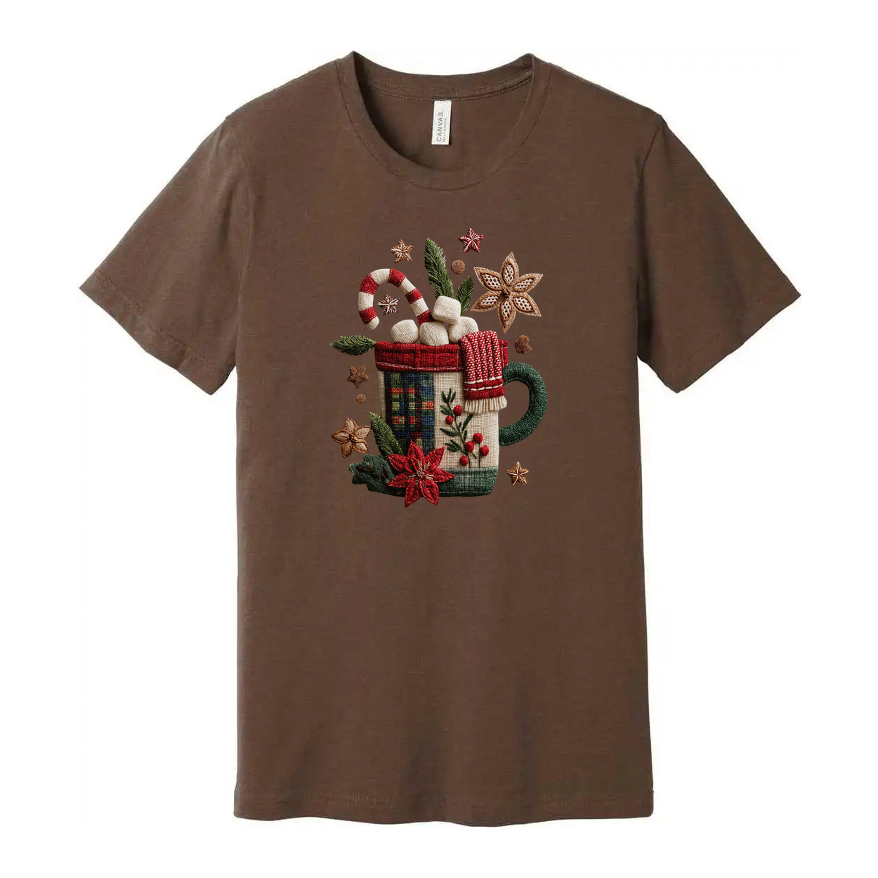 White Unisex Christmas T Shirt With Festive Mug Design Candy Canes Marshmallows And Poinsettias