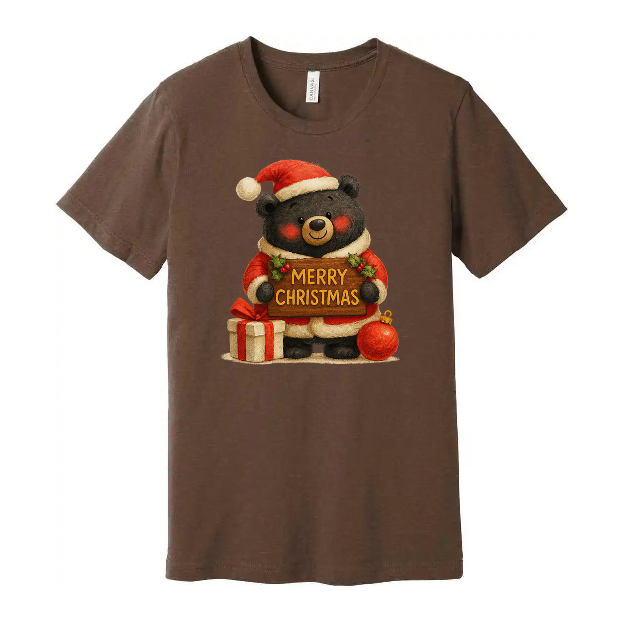 Unisex Christmas T Shirt With Cute Bear Santa Graphic Holding A Merry Christmas Sign