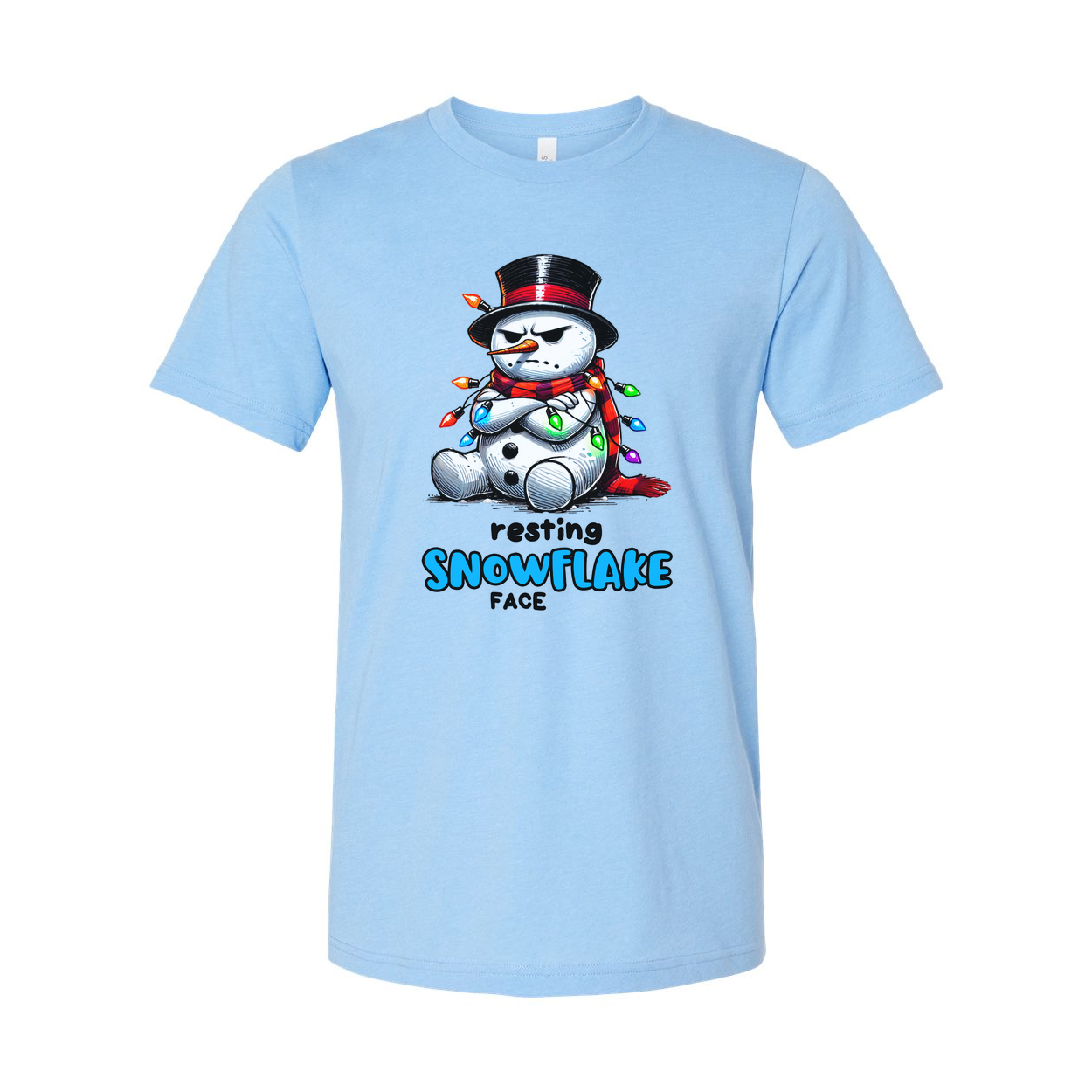 Resting Snowflake Face Snowman T Shirt Unisex Graphic With Christmas Lights And Top Hat