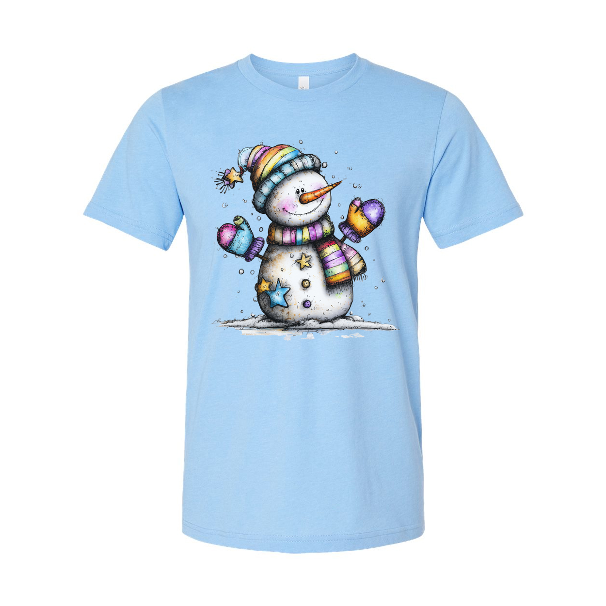 Colorful Snowman T Shirt With Rainbow Scarf And Beanie Christmas Design For Unisex Wear
