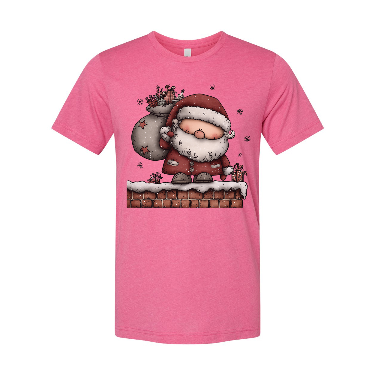 Santa Claus Standing On Snowy Chimney With Gift Sack Unisex Christmas Graphic T Shirt