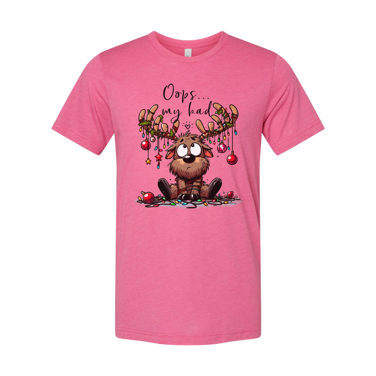 Unisex Christmas Graphic T Shirt With Cute Reindeer Character And Oops My Bad Text Design