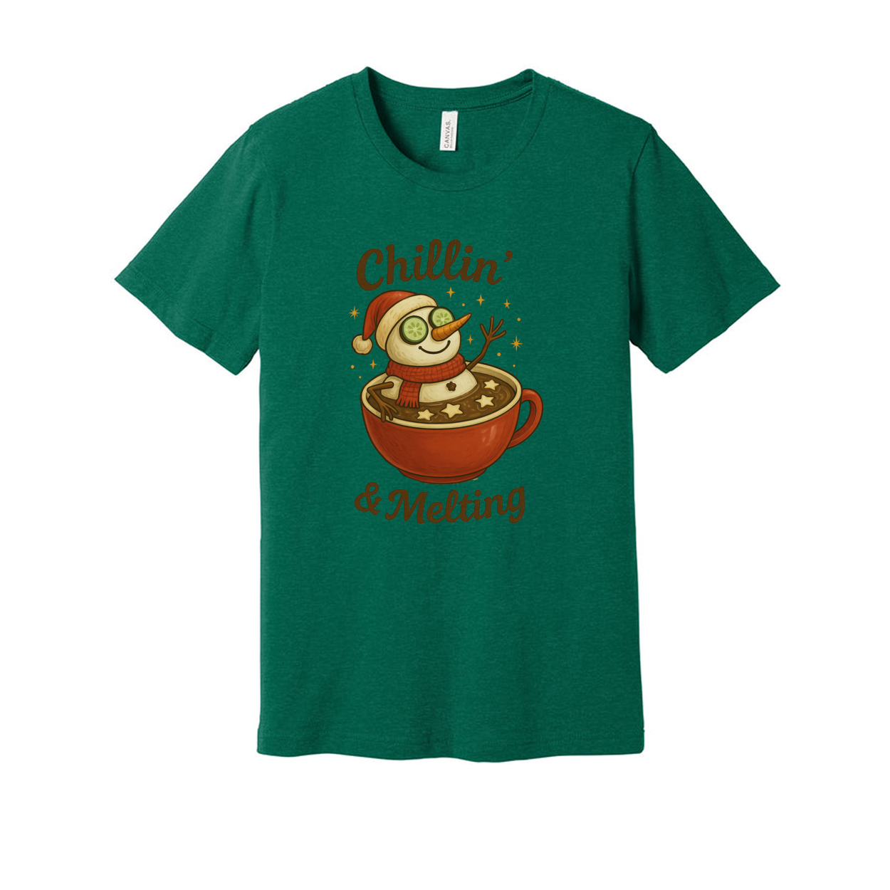 Unisex Christmas T Shirt White Graphic Tee Chillin And Melting Snowman Mug Hot Cocoa Design