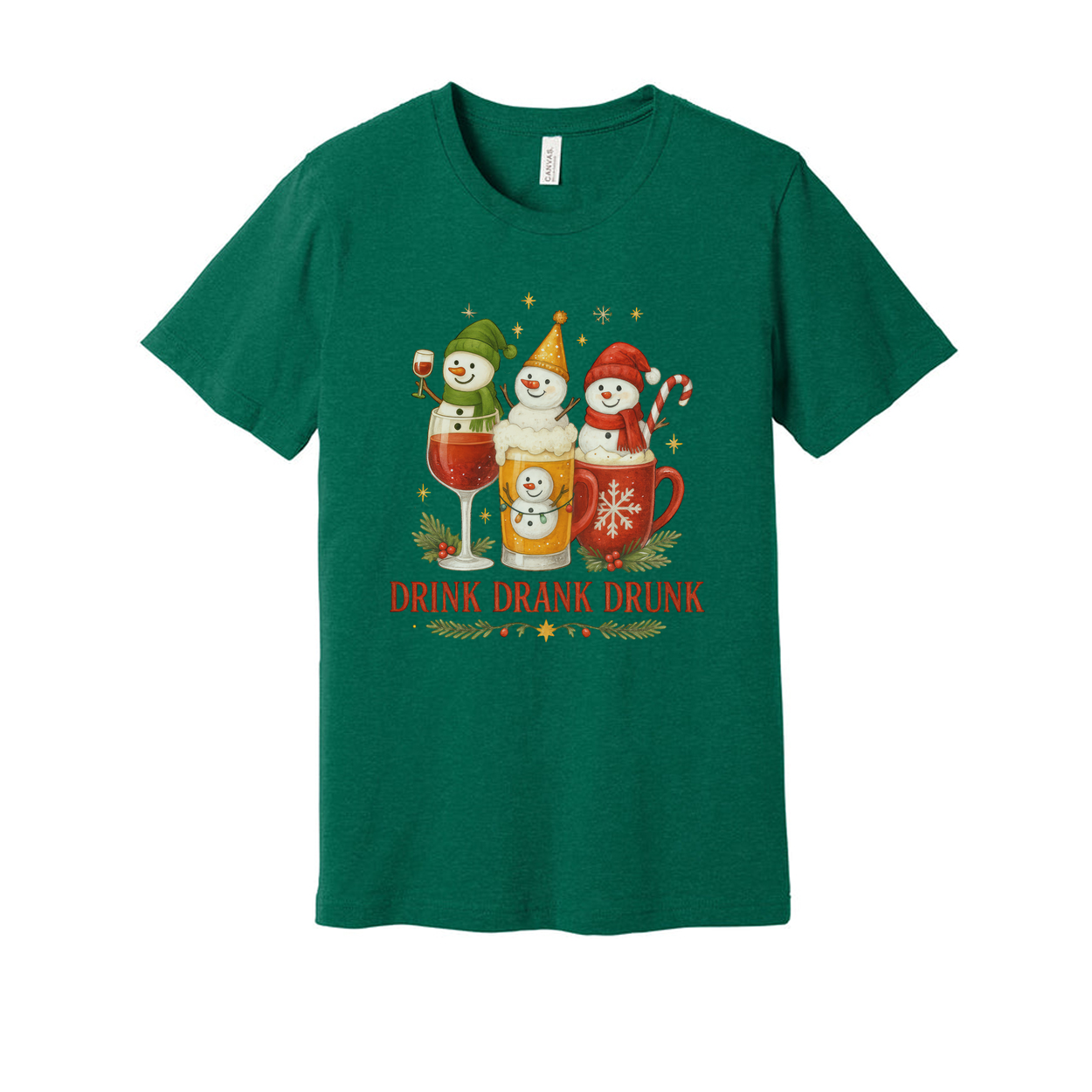 Unisex Christmas T Shirt With Snowmen In Drinks Candy Cane Mug Graphic And The Phrase Drink Drank Drunk