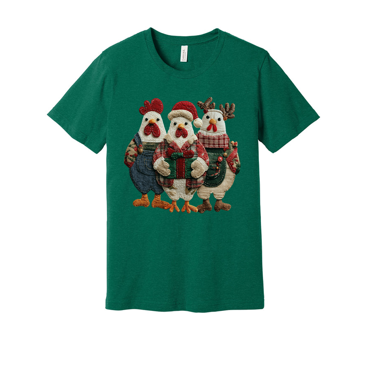 Unisex Christmas T Shirt With Festive Three Chickens In Holiday Outfits And Gift