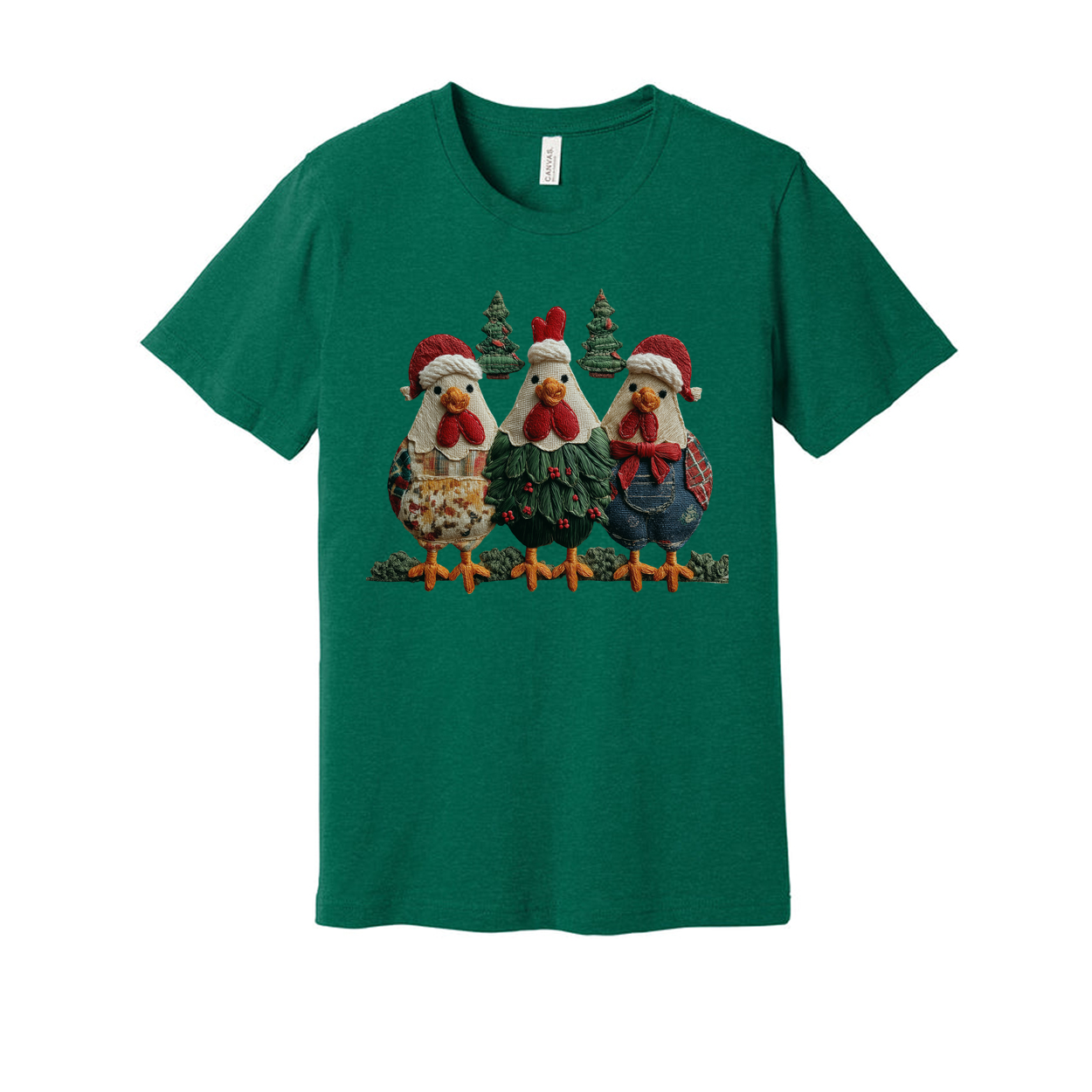 Three Christmas Chickens T Shirt With Santa Hats And Christmas Trees Design Holiday Cheer