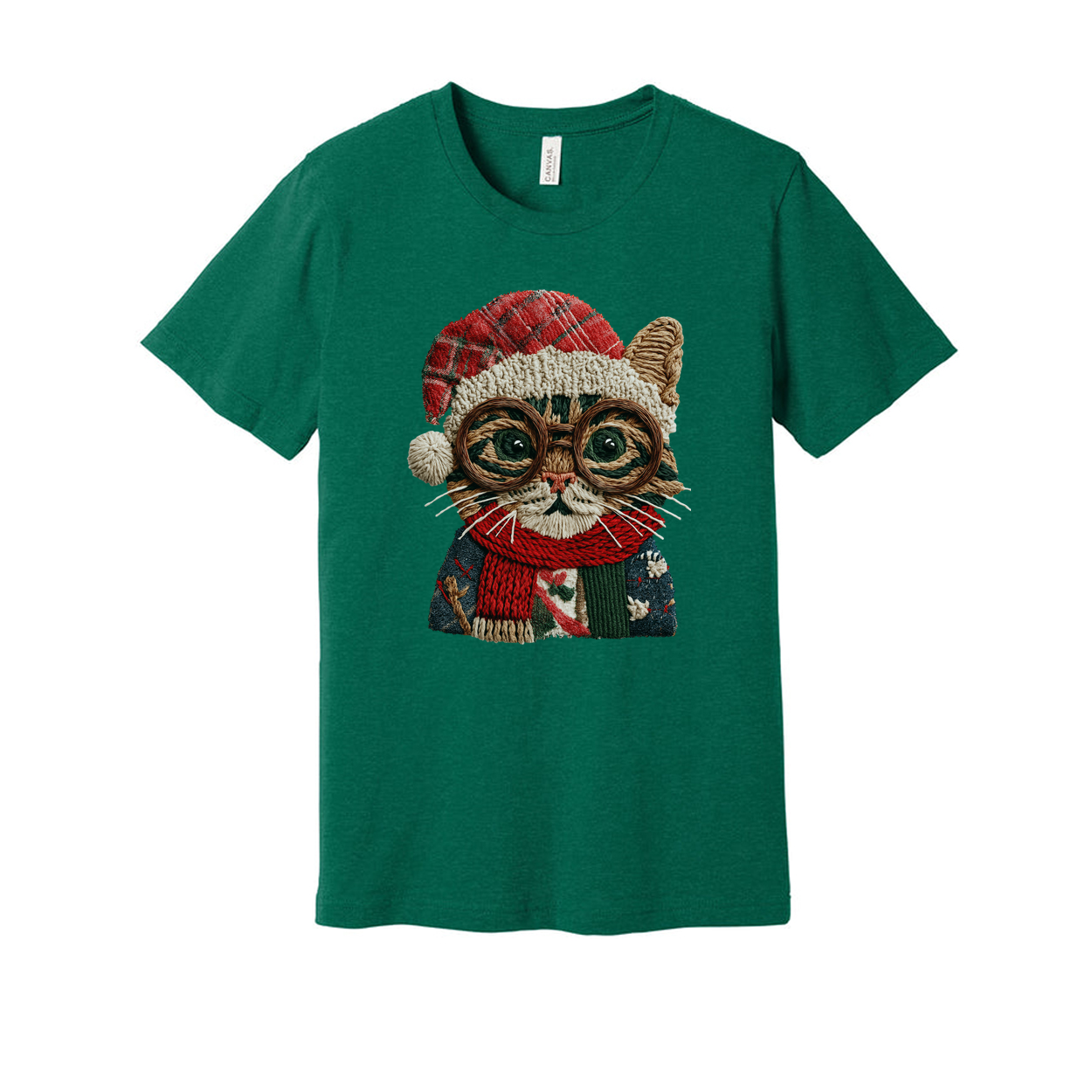 Unisex Christmas Cat Graphic T Shirt With Knitted Look Glasses Santa Hat And Scarf