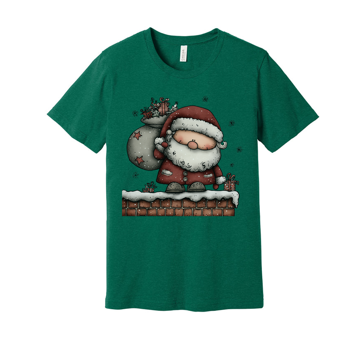 Santa Claus Standing On Snowy Chimney With Gift Sack Unisex Christmas Graphic T Shirt
