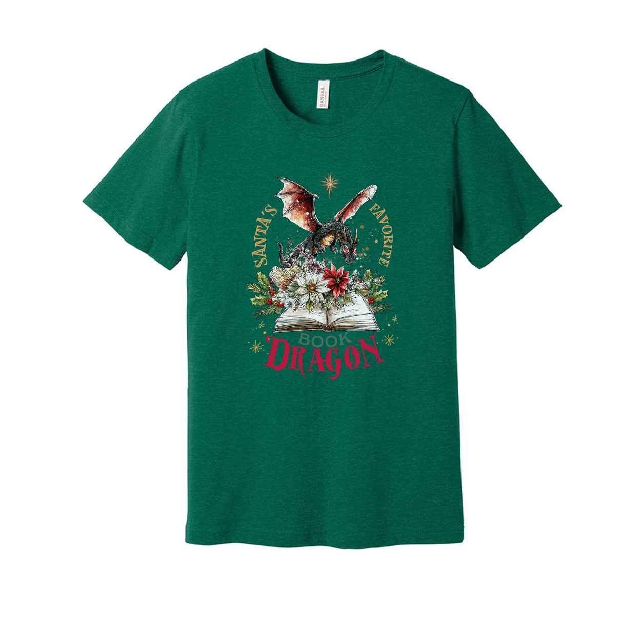 Unisex Christmas T Shirt Featuring A Dragon On An Open Book With Floral Accents And Santas Favorite