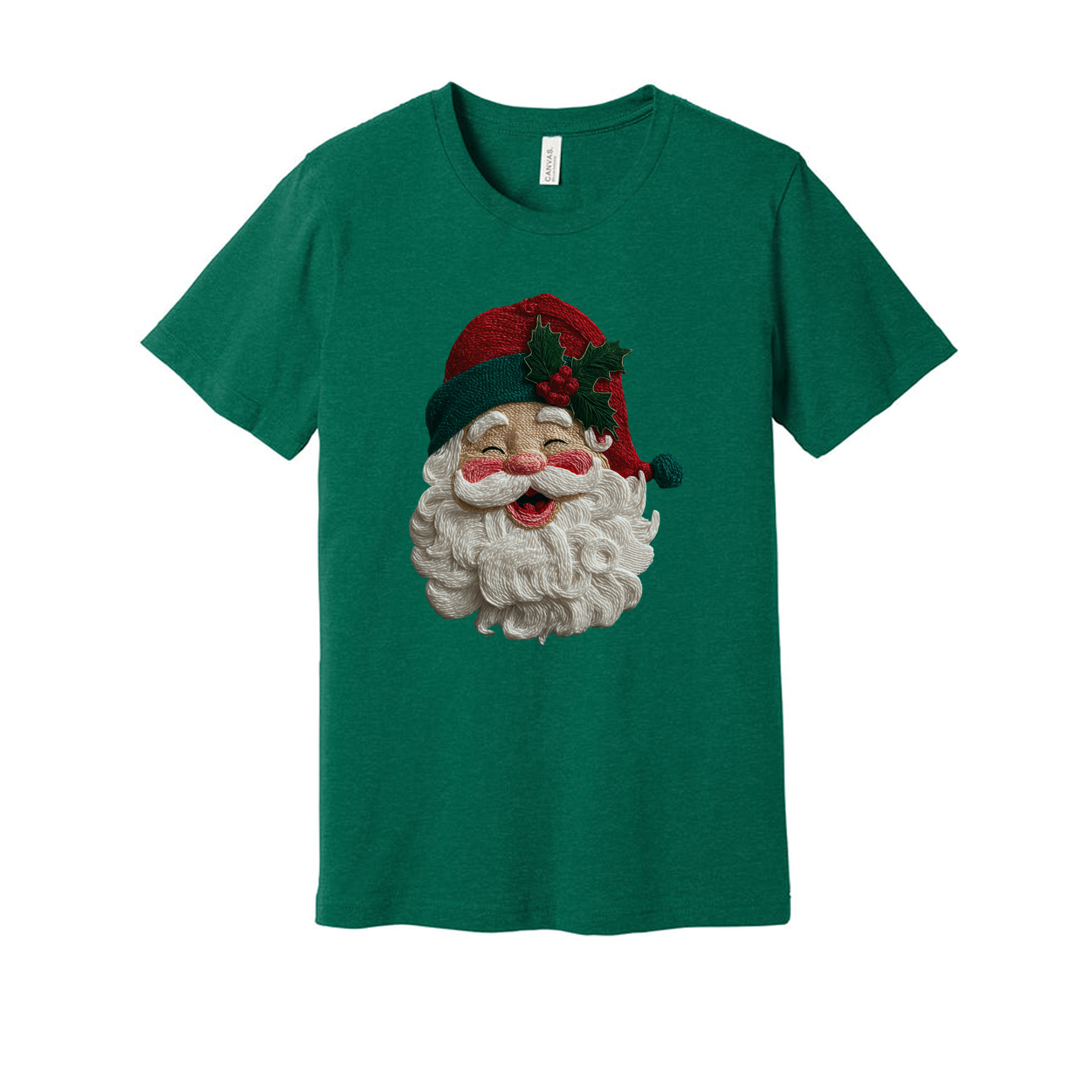 Unisex Christmas T Shirt With Santa Face And Holly Hat Design For Holiday Cheer