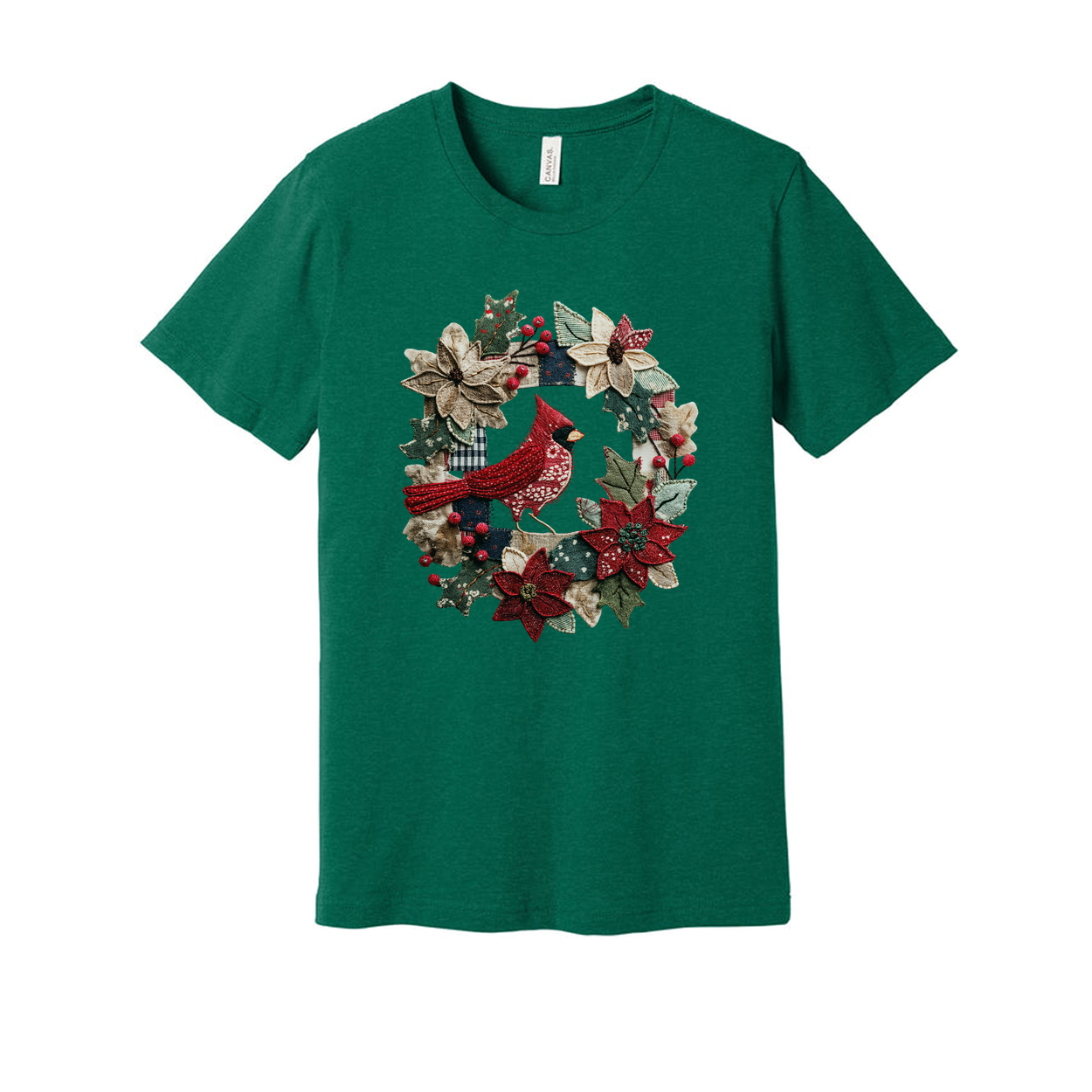 Unisex Christmas T Shirt Featuring Red Cardinal In A Festive Holly And Poinsettia Wreath