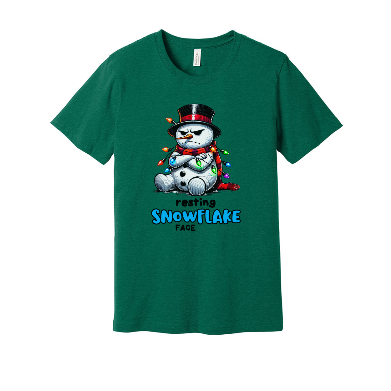 Resting Snowflake Face Snowman T Shirt Unisex Graphic With Christmas Lights And Top Hat