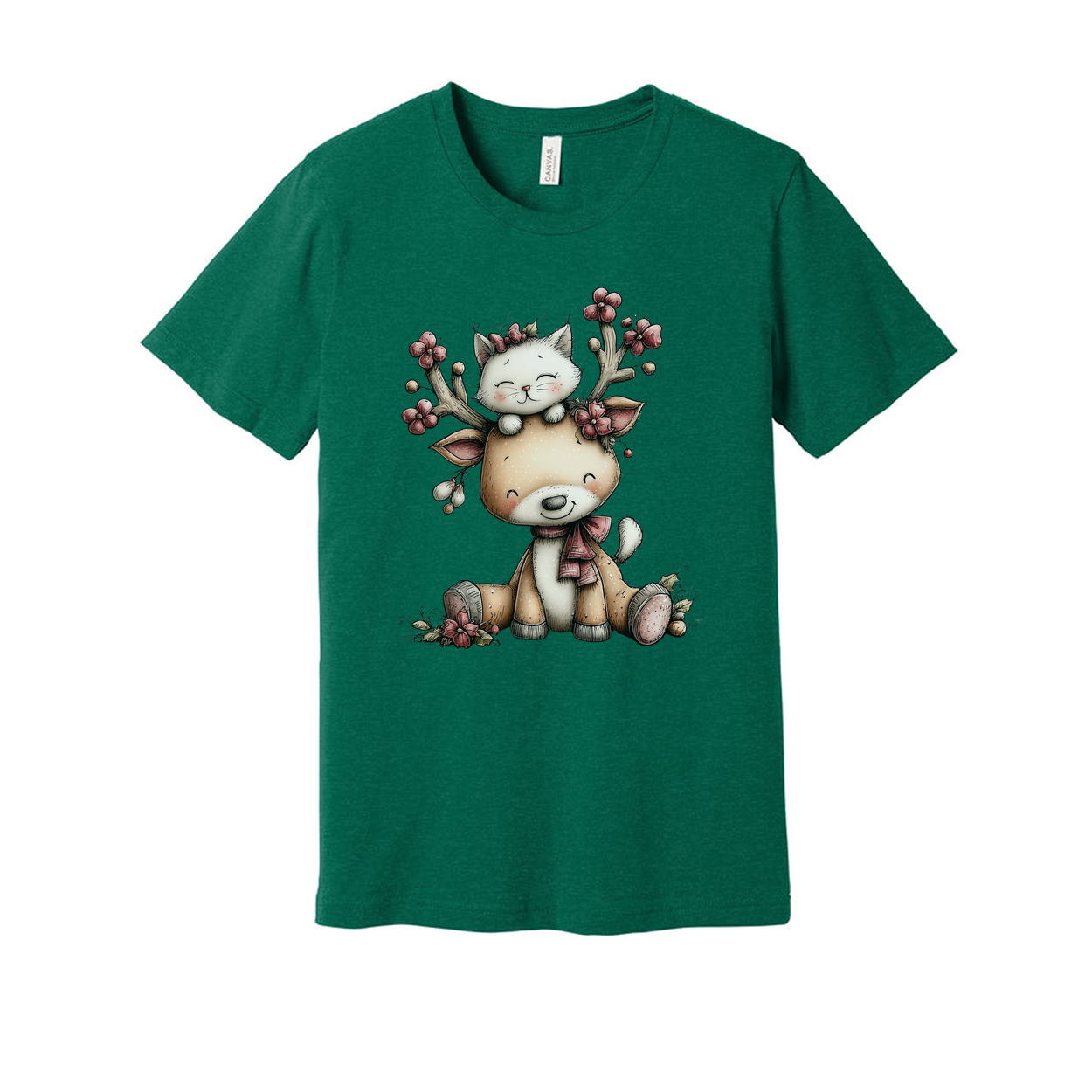 Unisex Christmas T Shirt With Cute Deer And Kitten Graphic Print In Winter Scene