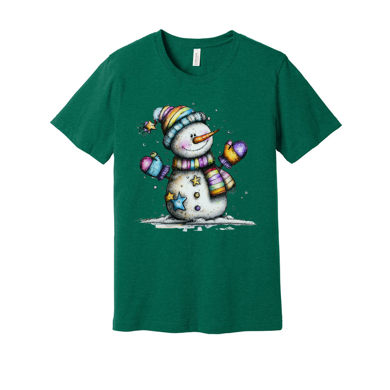 Colorful Snowman T Shirt With Rainbow Scarf And Beanie Christmas Design For Unisex Wear