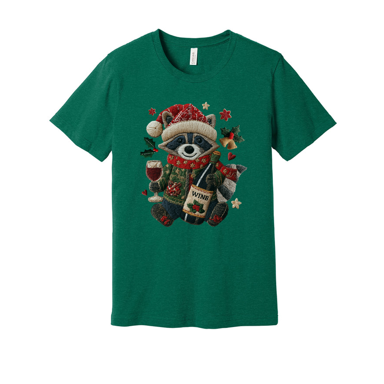 White Unisex Christmas Raccoon Graphic T Shirt With Santa Hat Scarf Wine Bottle And Holly