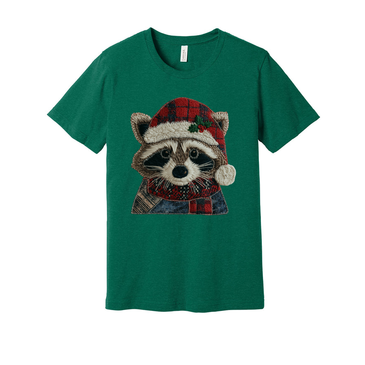 Raccoon Christmas T Shirt With Plaid Santa Hat And Cozy Scarf For Holiday Cheer