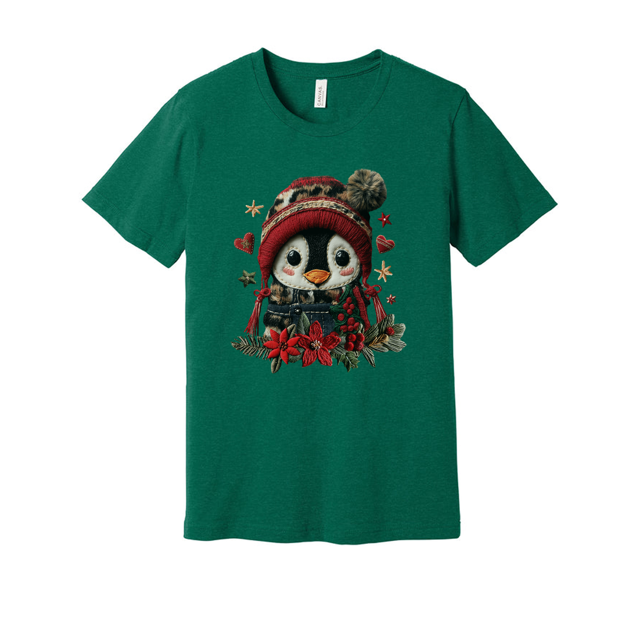 Penguin Christmas Graphic Tee With Red Winter Beanie And Festive Floral Embellishments For Holidays
