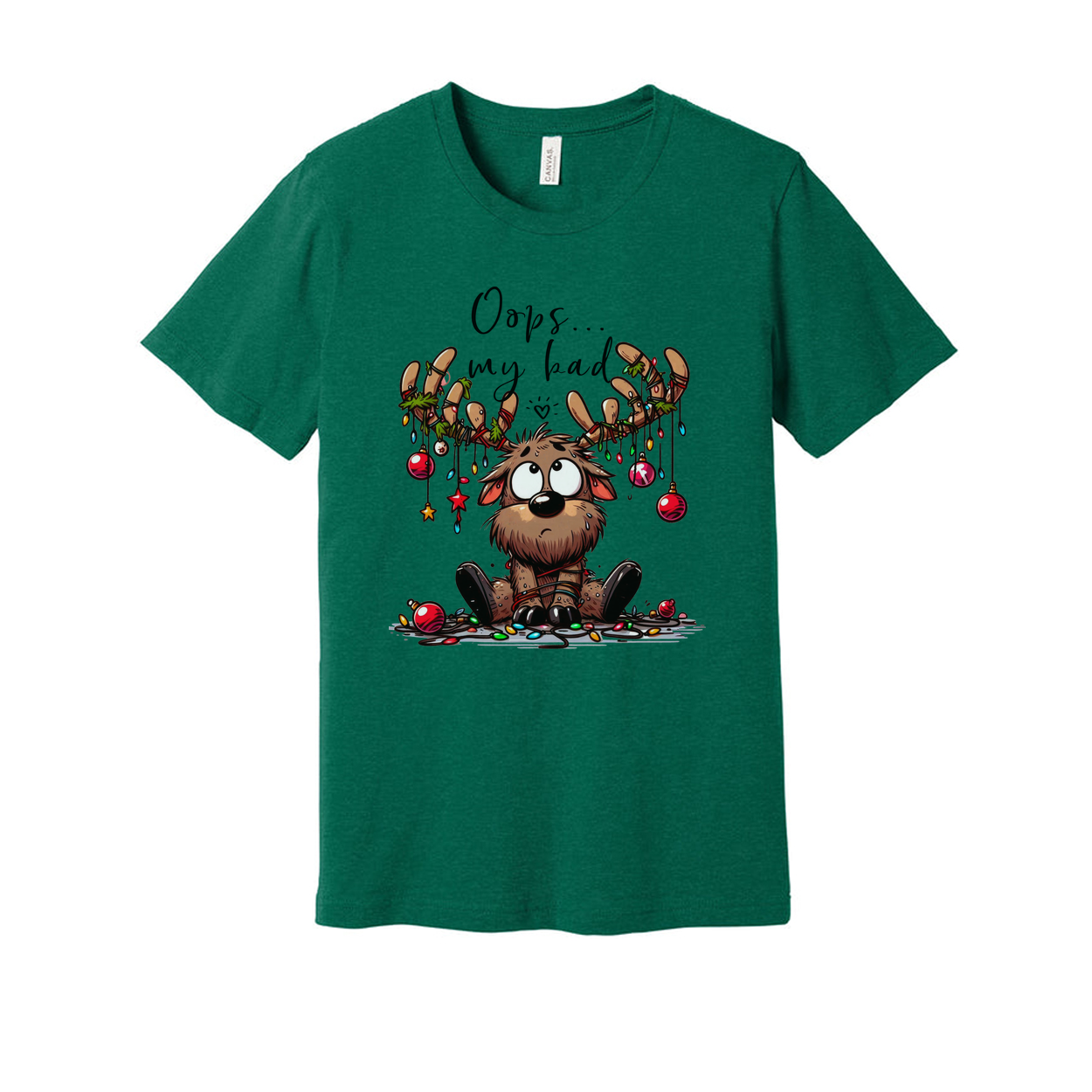Unisex Christmas Graphic T Shirt With Cute Reindeer Character And Oops My Bad Text Design