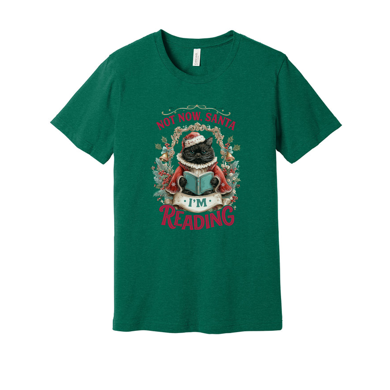 Not Now Santa I'm Reading Cat Christmas T Shirt Adorable Festive Graphic Tee for Cat Lovers