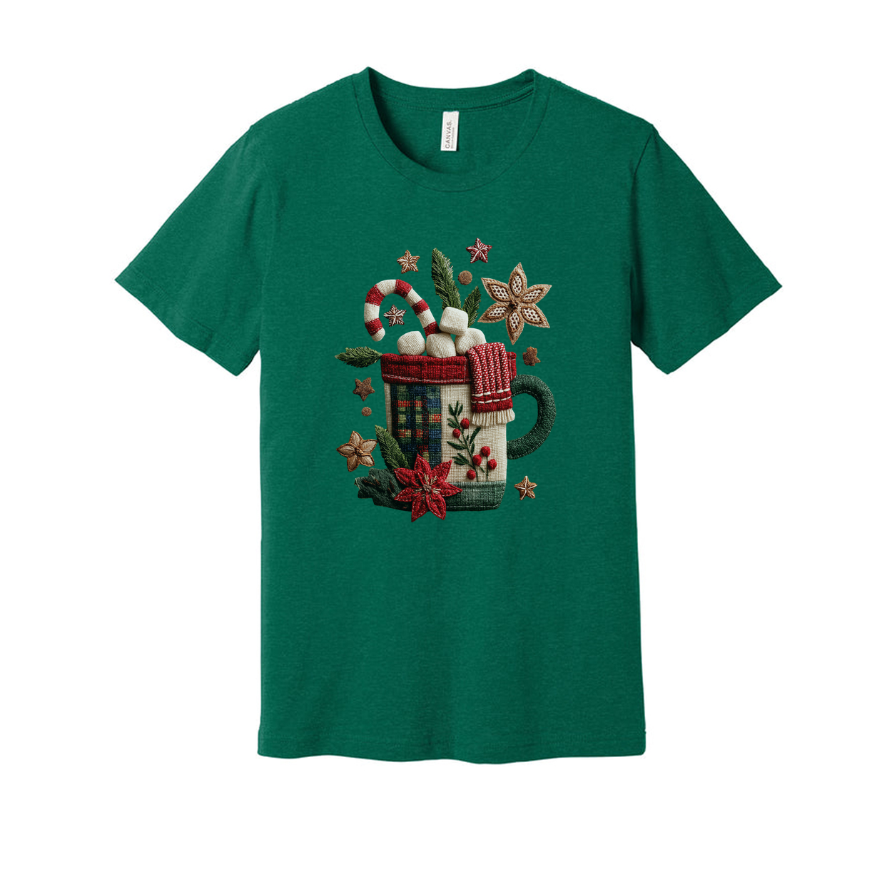White Unisex Christmas T Shirt With Festive Mug Design Candy Canes Marshmallows And Poinsettias