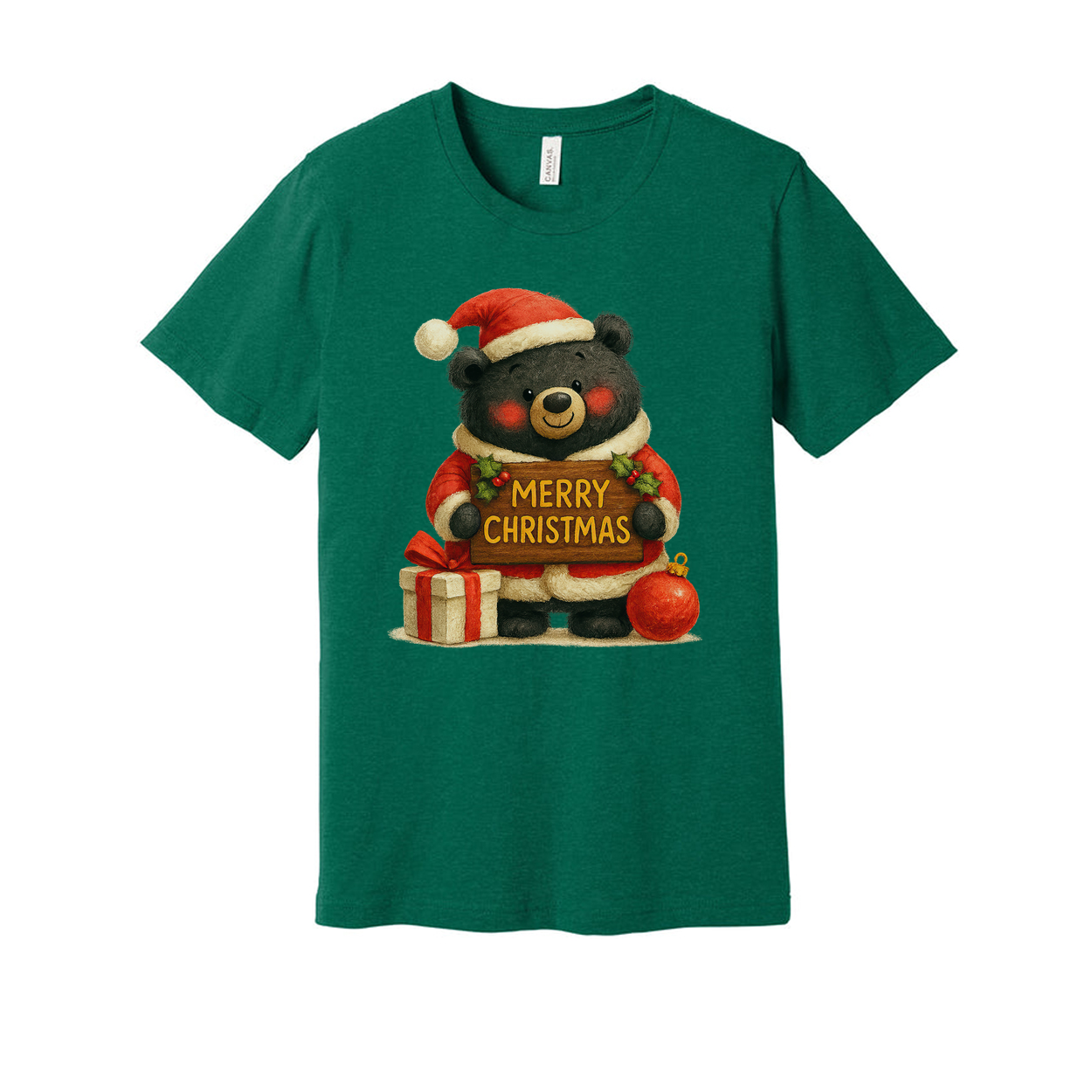 Unisex Christmas T Shirt With Cute Bear Santa Graphic Holding A Merry Christmas Sign