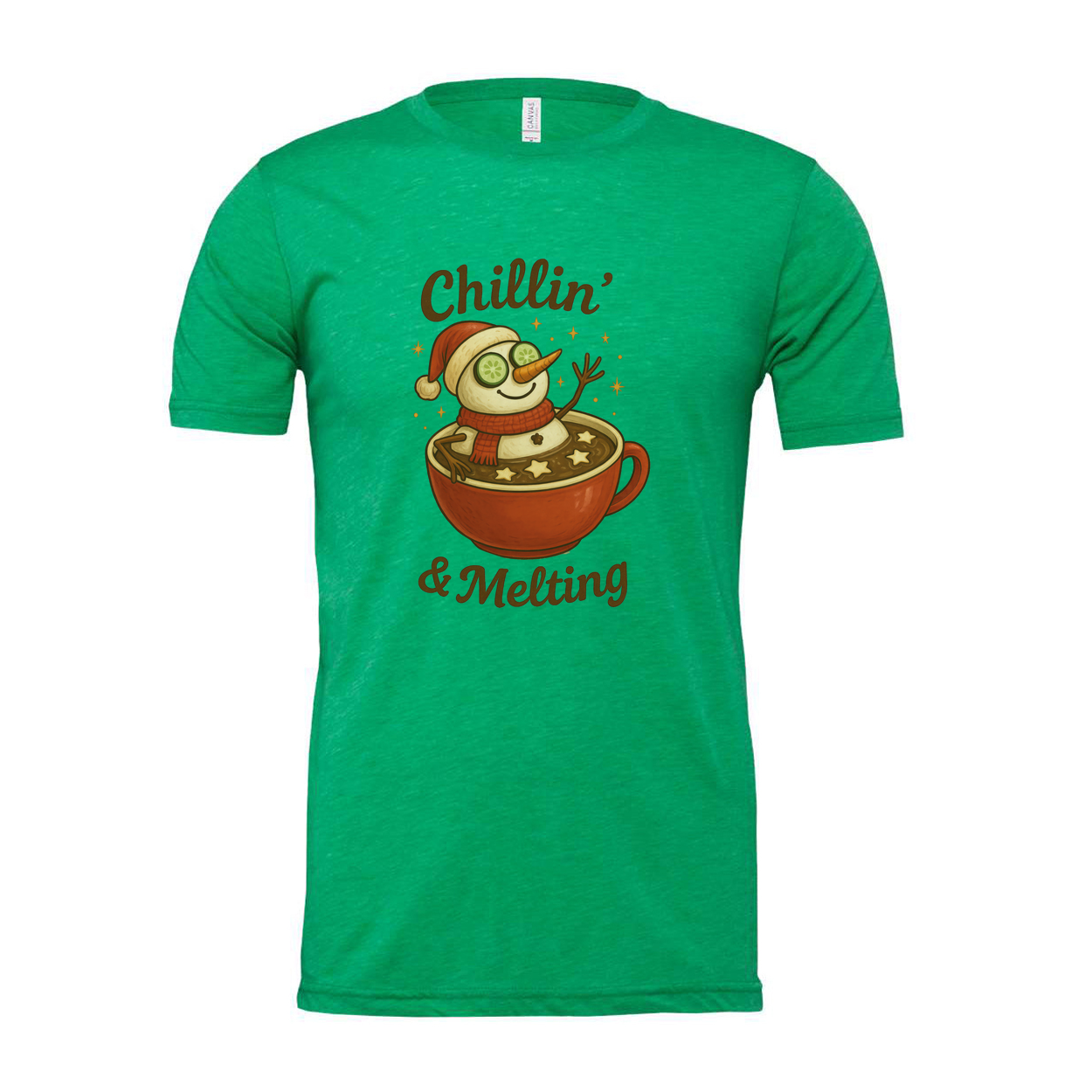 Unisex Christmas T Shirt White Graphic Tee Chillin And Melting Snowman Mug Hot Cocoa Design