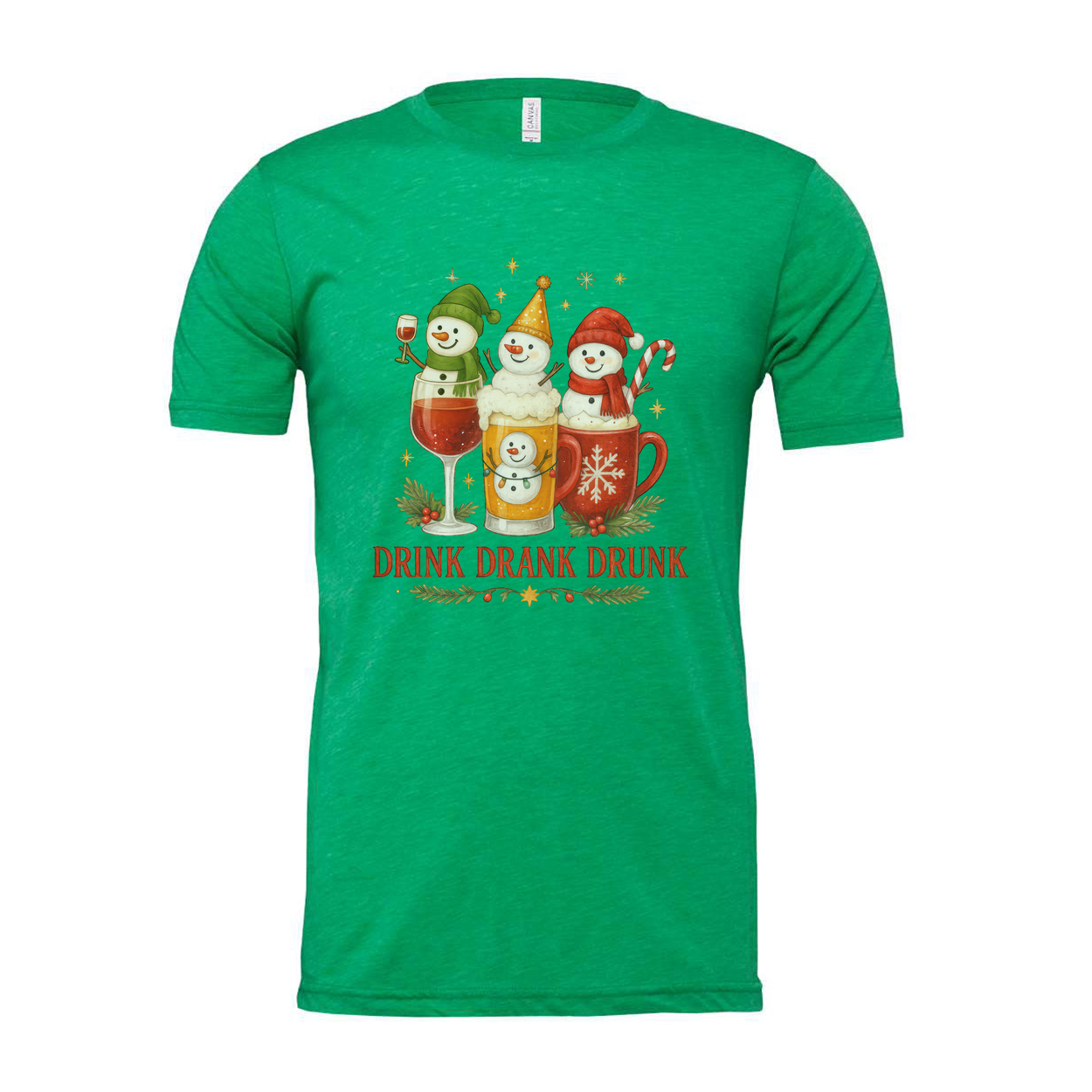 Unisex Christmas T Shirt With Snowmen In Drinks Candy Cane Mug Graphic And The Phrase Drink Drank Drunk