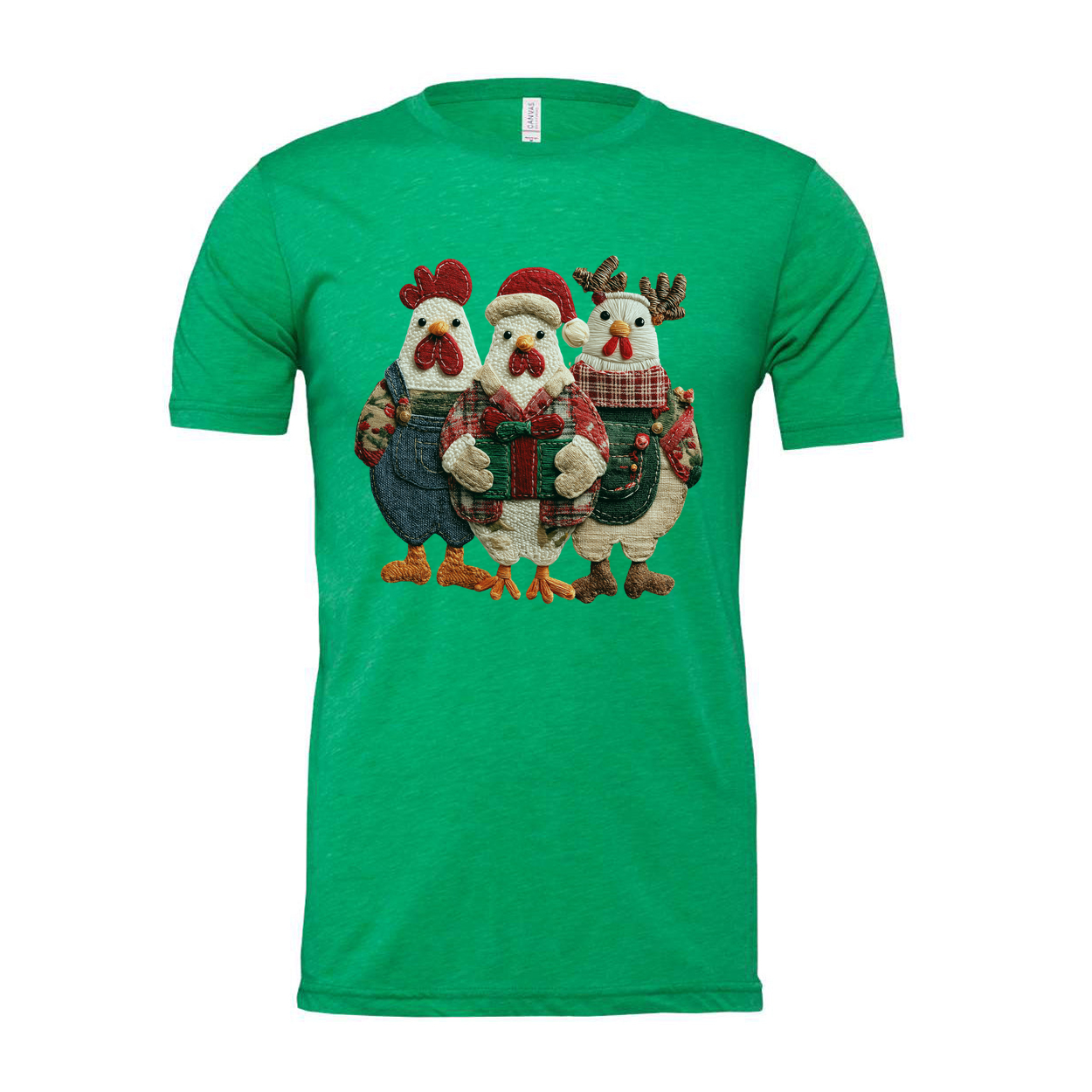 Unisex Christmas T Shirt With Festive Three Chickens In Holiday Outfits And Gift