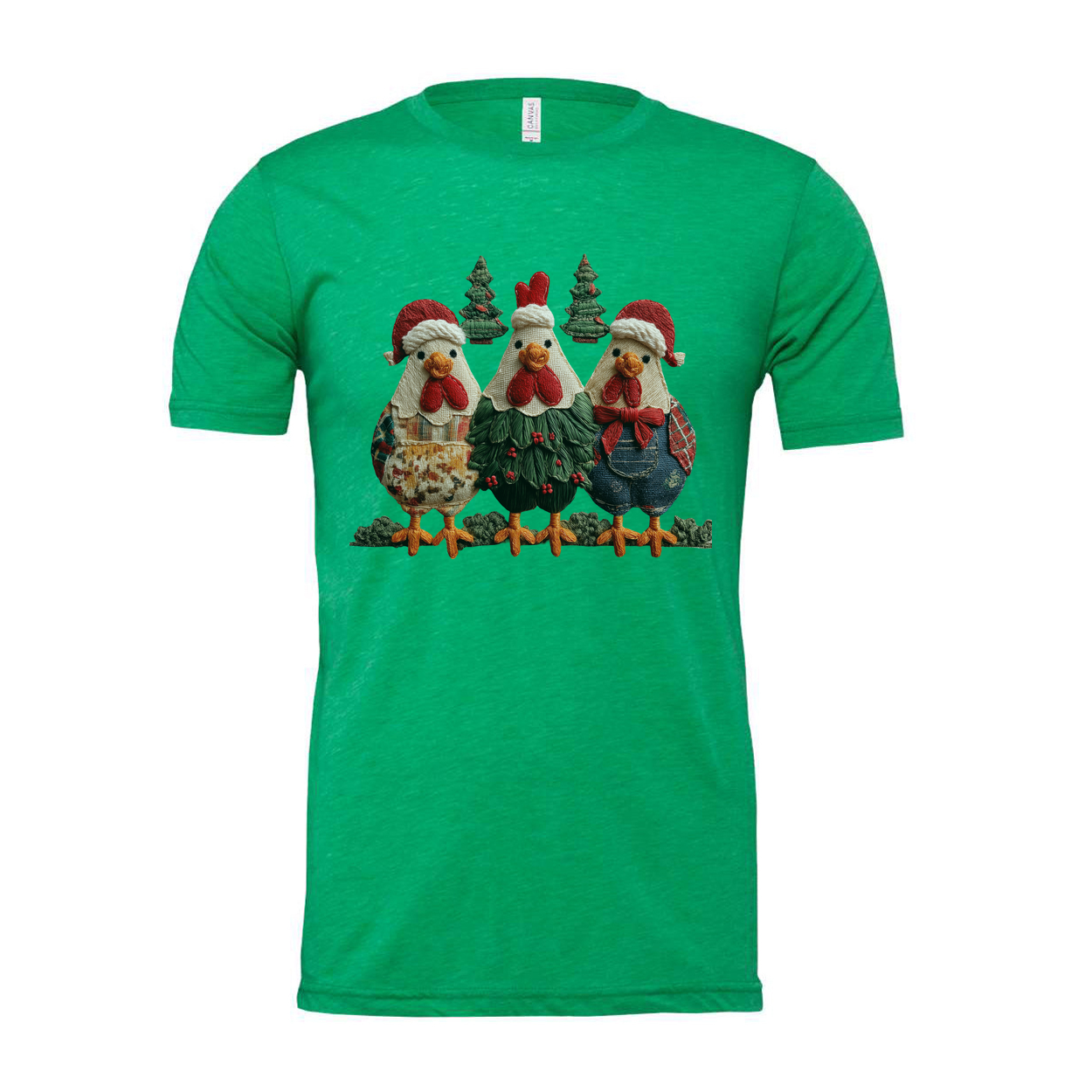 Three Christmas Chickens T Shirt With Santa Hats And Christmas Trees Design Holiday Cheer