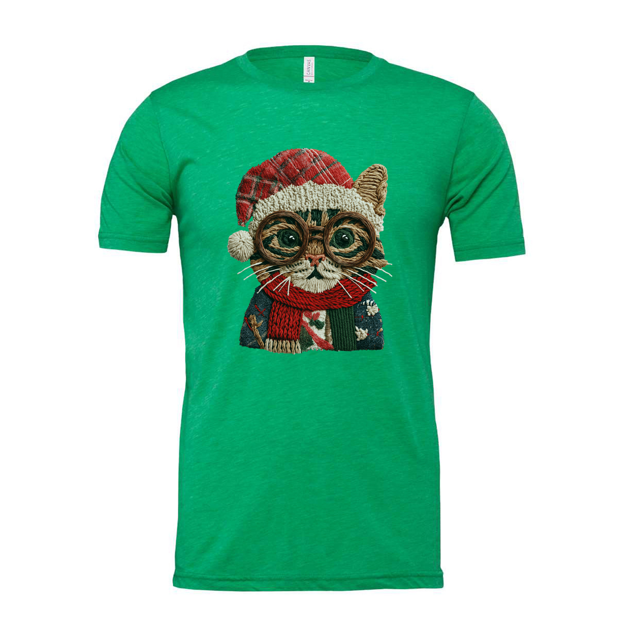 Unisex Christmas Cat Graphic T Shirt With Knitted Look Glasses Santa Hat And Scarf